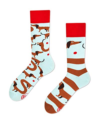 Many Mornings - Mismatched Socken - Lustige Socken Unisex - Dackel Socken - Geschenkidee - Design: Sausage Dog - Made in EU - 43-46